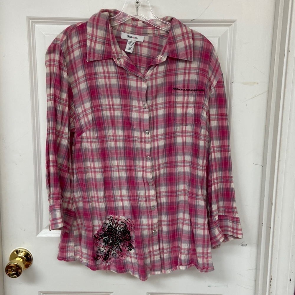Style & Co. pink plaid western style snap up blouse size 14 silver streaks - Picture 1 of 12